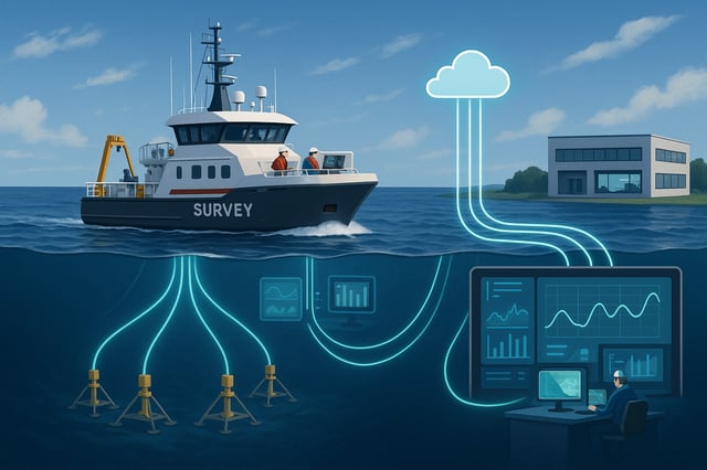 The image depicts a modern offshore survey vessel navigating through deep blue waters surrounded by a vast expansive sea Above the vessel a clear sky is speckled with wispy clouds hinting at a perfect day for surveying Below the surface intricate und-1